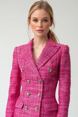 Sticker - woman dressed in a pink suit adorned with buttons. She stands confidently, showcasing the stylish outfit