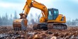 In the industrial excavation site, heavy machinery like bulldozers and loaders work tirelessly under the sky.