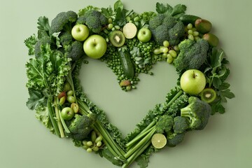 Aufkleber - meticulously arranged heart-shaped composition of various fresh vegetables and fruits, creating a visually appealing and symbolically meaningful image