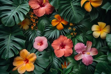 Sticker - A collection of vibrant flowers positioned alongside lush green leaves, creating a striking contrast of colors and textures in natures beauty