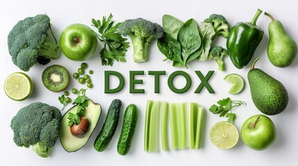 Poster - Green vegetables and fruits layout with ‘DETOX’ text.