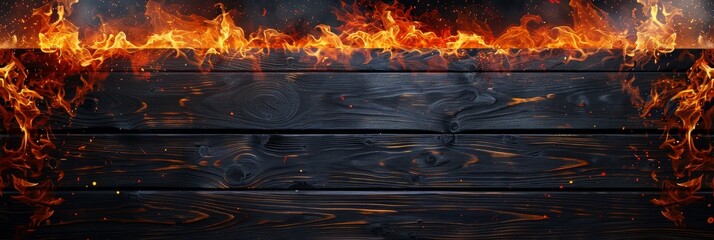 Poster - intense flames engulfing a wooden wall, creating a dramatic and dangerous scene