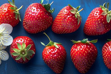 Poster - A group of ripe strawberries neatly arranged and sitting on top of a vibrant blue table