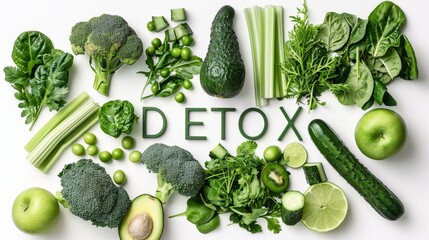 Poster - Detox Text Made of Green Vegetables on White Background