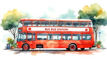 Illustration Of A Red Bus On The Highway In Watercolor Style