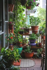 Aufkleber - Cozy Balcony Garden with Hanging Pots and Potted Plants