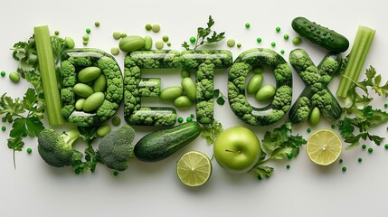Poster - A creative artwork showcasing a DETOX word made entirely out of fresh vegetables and fruits, arranged in an aesthetically pleasing manner