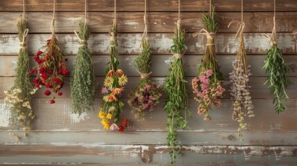 Whimsical Antique Apothecary Display with Hanging Dried Flowers.