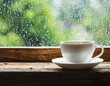 White coffee cup on old wooden window sill by a rainy window