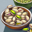 A bowl of pistachio nuts in shells next to a bowl of shelled pistachios