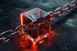 Abstract red cube and chain background Blockchain technology data connection Concept rendering of 3D, square, DeFi Decentralized Finance technology.