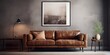 living room with brown leather sofa, space for text, photographic