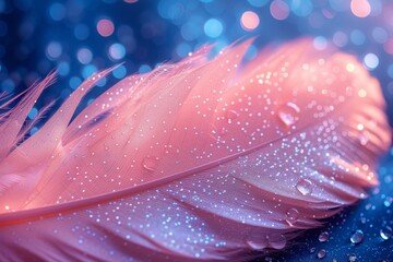 Poster - vibrant pink feather resting on a smooth blue background. The contrast between the colors highlights the beauty and fragility of the feather