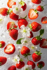 Fototapete - Fresh Strawberries and Blossoms with Water Drops