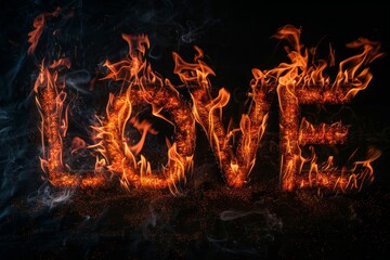 Poster - The word LOVE is visually depicted by danger  fiery flames on a black background