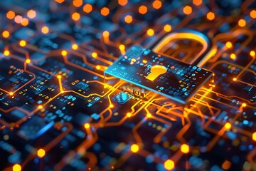 Wall Mural - Technology padlock digital circuit board concept protection cyber security background . Beautiful background image, Futuristic 3D rendering