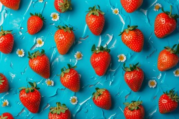 Fototapete - Fresh Strawberries with Water Droplets on Blue Background