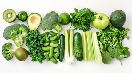 Poster - Assorted Green Fruits and Vegetables on White Background