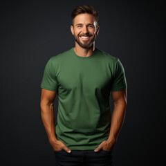 Wall Mural - Smiling men wearing green T-Shirt Mockup on black studio background