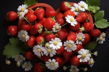 Aufkleber - A heart-shaped bowl is filled with vibrant strawberries and delicate daisies, creating a sweet and colorful composition