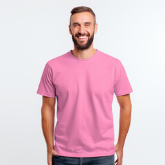 Wall Mural - Smiling men wearing pink T-Shirt Mockup on black studio background