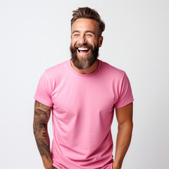 Wall Mural - Smiling men wearing pink T-Shirt Mockup on black studio background