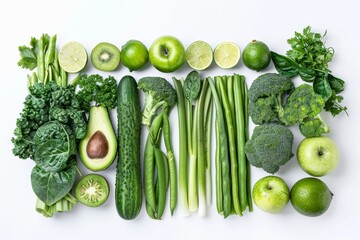 Poster - A group of green fruits and vegetables meticulously arranged in the shape of a rectangle, featuring vibrant colors and diverse textures