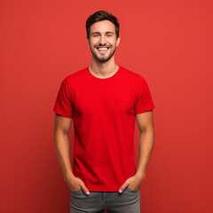 Wall Mural - Smiling men wearing red T-Shirt Mockup on black studio background