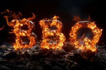 Poster - word BBQ spelled out in flames on a pile of rocks. The fiery letters create a striking contrast against the rugged rocks, creating an eye-catching display