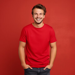 Wall Mural - Smiling men wearing red T-Shirt Mockup on black studio background