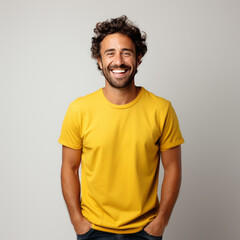 Wall Mural - Smiling men wearing yellow T-Shirt Mockup on black studio background