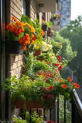 Poster - A vibrant and lush balcony overflows with a variety of colorful flowers and green plants, creating a serene and picturesque oasis