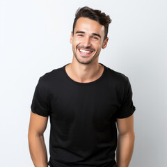 Wall Mural - Smiling men wearing black T-Shirt Mockup on black studio background