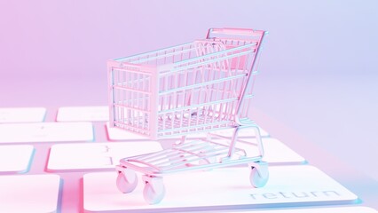 Poster - This illustration depicts a shopping cart placed atop a keyboard background, merging the concepts of online shopping and digital technology.