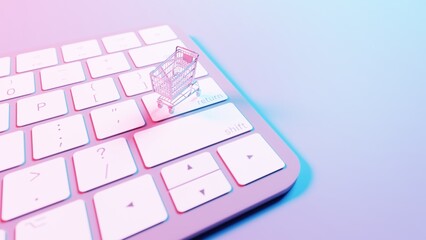 Aufkleber - This illustration depicts a shopping cart placed atop a keyboard background, merging the concepts of online shopping and digital technology.