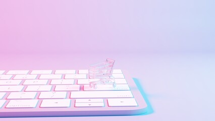 Aufkleber - This illustration depicts a shopping cart placed atop a keyboard background, merging the concepts of online shopping and digital technology.