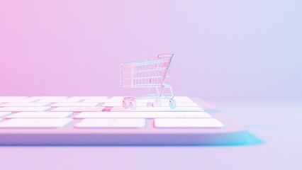 Aufkleber - This illustration depicts a shopping cart placed atop a keyboard background, merging the concepts of online shopping and digital technology.