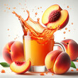 peach falling into a glass of peach juice beautiful splash of juice isolated on white background