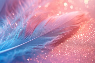 Sticker - blue and pink feather, showcasing its delicate patterns and vibrant colors. The feather appears soft and ethereal, creating a mesmerizing image