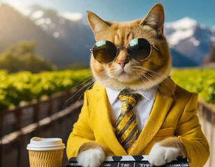 Wall Mural - cat like a human dressed in yellow suit and sunglasses sitting as a film director