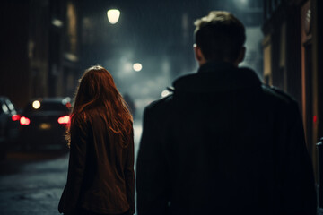 night scene with man following woman. concept for crime, stalking and sexual assault