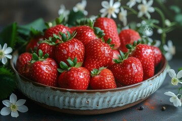 Fototapete - a bowl filled with an abundance of juicy and ripe strawberries, showcasing their vibrant red color and succulent texture