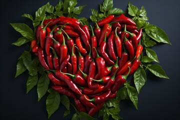 Poster - A creative arrangement of red chili peppers and leaves artfully crafted into the shape of a heart, showcasing the vibrant colors and textures of natures bounty