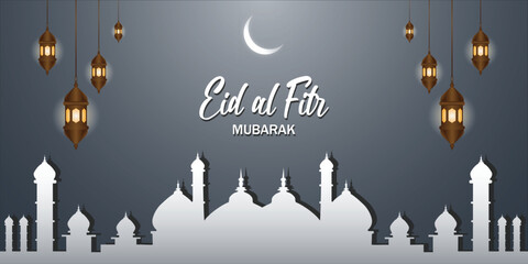 Wall Mural - eid al fitr wishing banner design with mosqueand lantern vector file