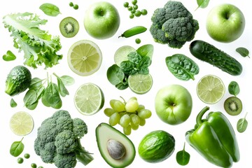 Poster - a collection of various green fruits and vegetables arranged neatly on a plain white background