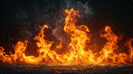 Poster - a collection of intense fire flames ablaze against a dark black background. The flames dance and flicker, casting a powerful and vibrant glow in the frame