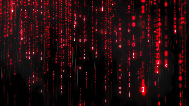 red binary code streaming in darkness
