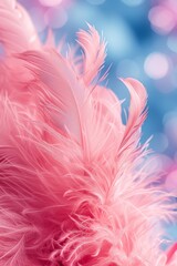 Aufkleber - A detailed close-up of a delicate pink feather resting elegantly on a vibrant blue background, showcasing intricate textures and soft hues