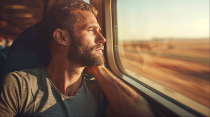 Bearded man inside a train bag watching the landscape go by