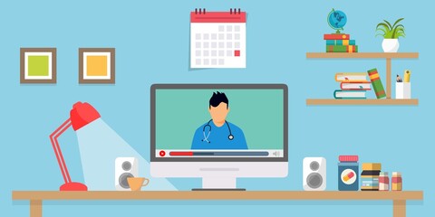 Poster - Illustrazione medico e dottore uomo di apprendimento online. Webinar. - illustrazioni con scrivania lampada accesa e video